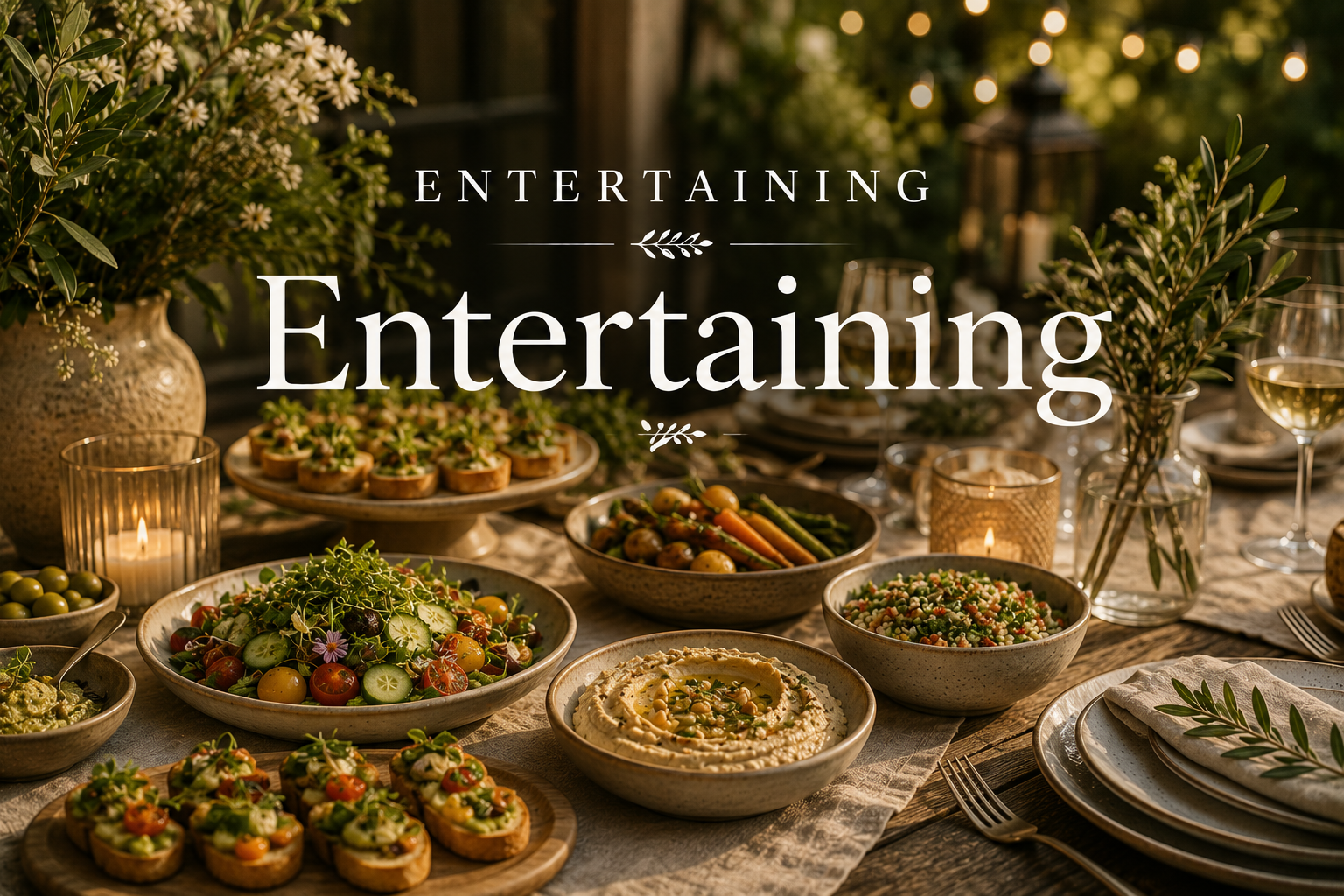 Candlelit table set for entertaining with colorful salads, hummus, vegetables, olives, and fresh greenery.