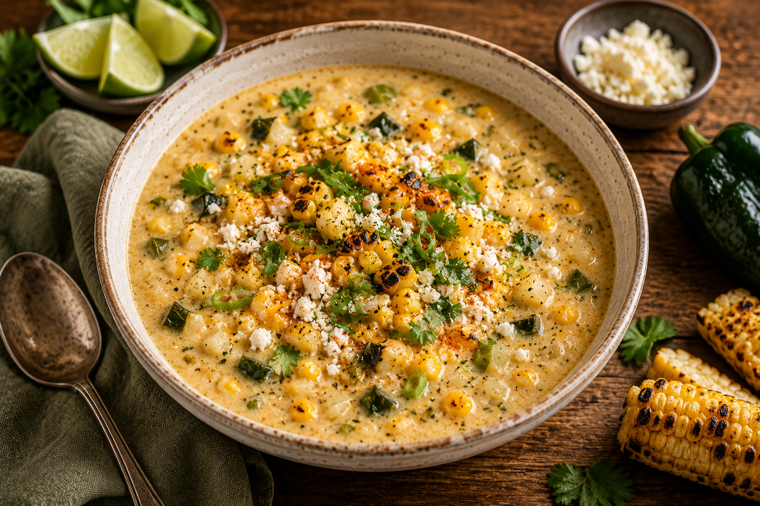 Creamy street corn and poblano chowder topped with roasted corn, cheese, cilantro, and spices.