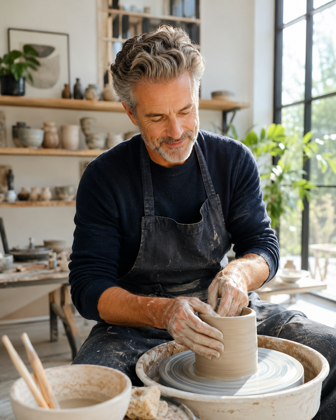 Man enjoying a creative project at home, reflecting lifelong learning and personal growth