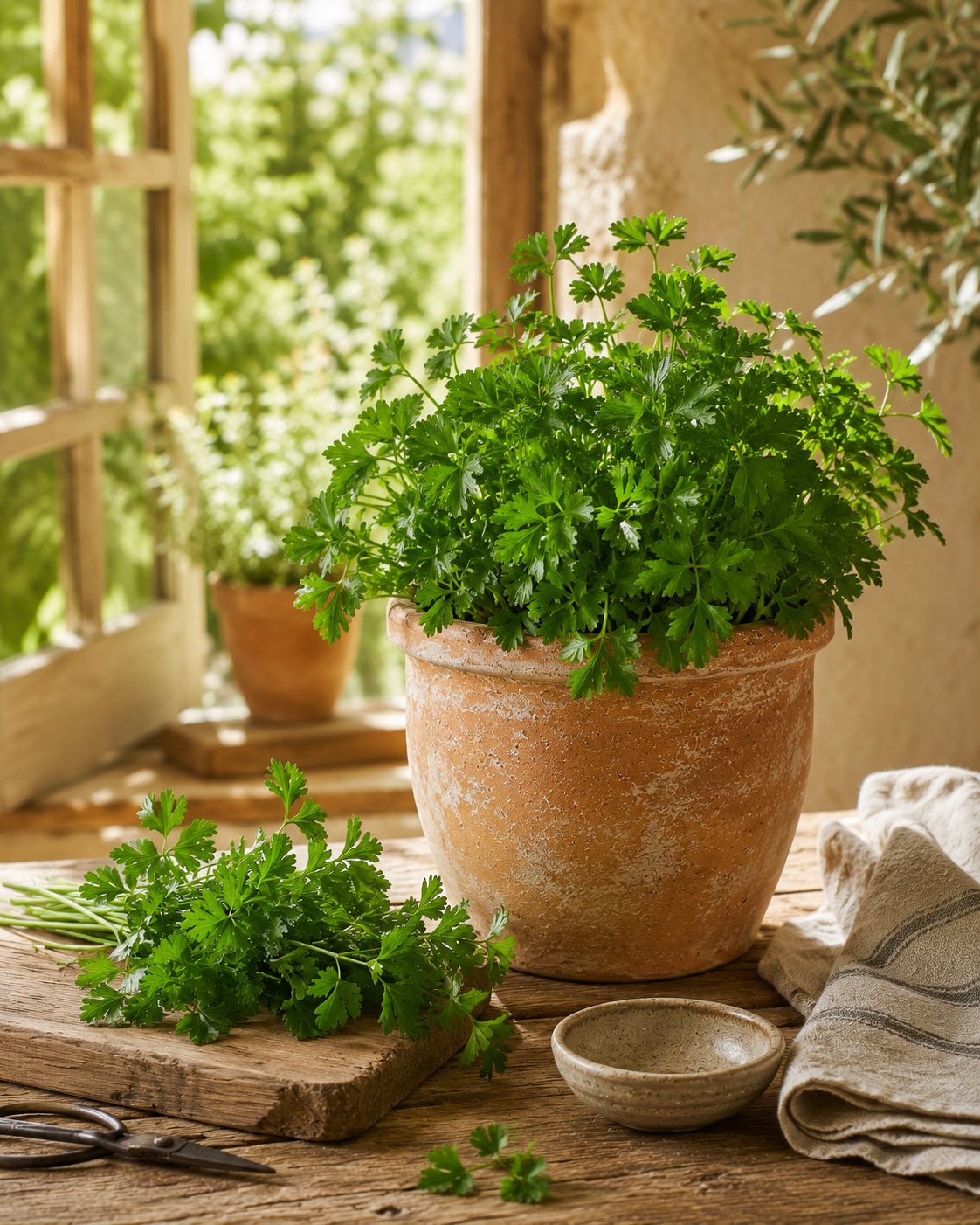 Fresh parsley growing in a rustic terracotta pot on a sunlit wooden table.