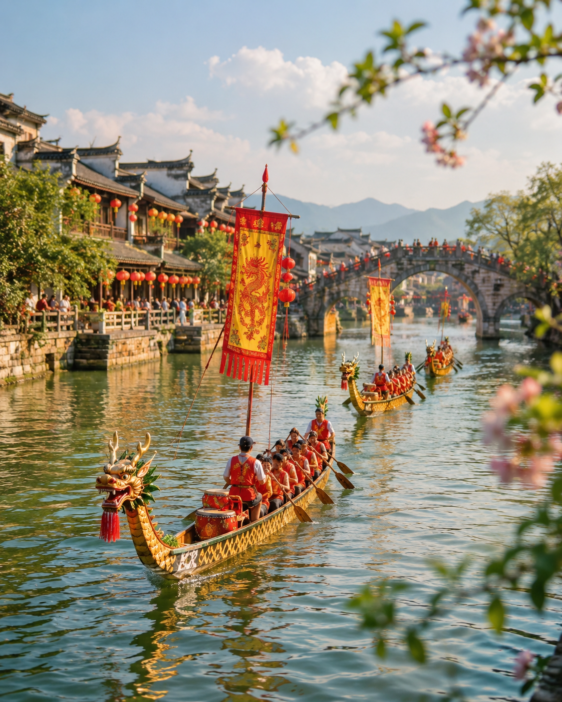 Colorful dragon boats on the water during a traditional festival celebration.