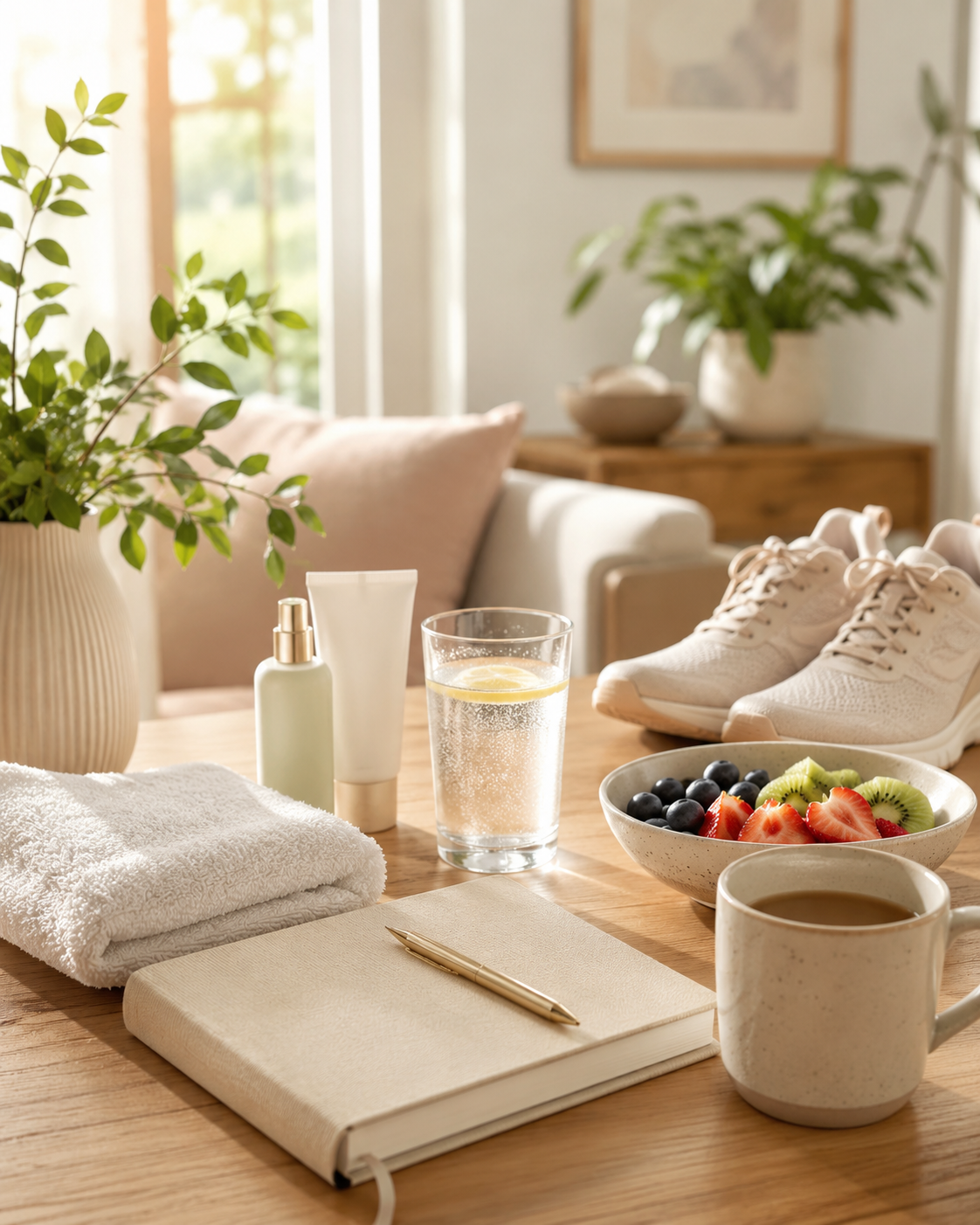 welness items,sneakers,fruit and water