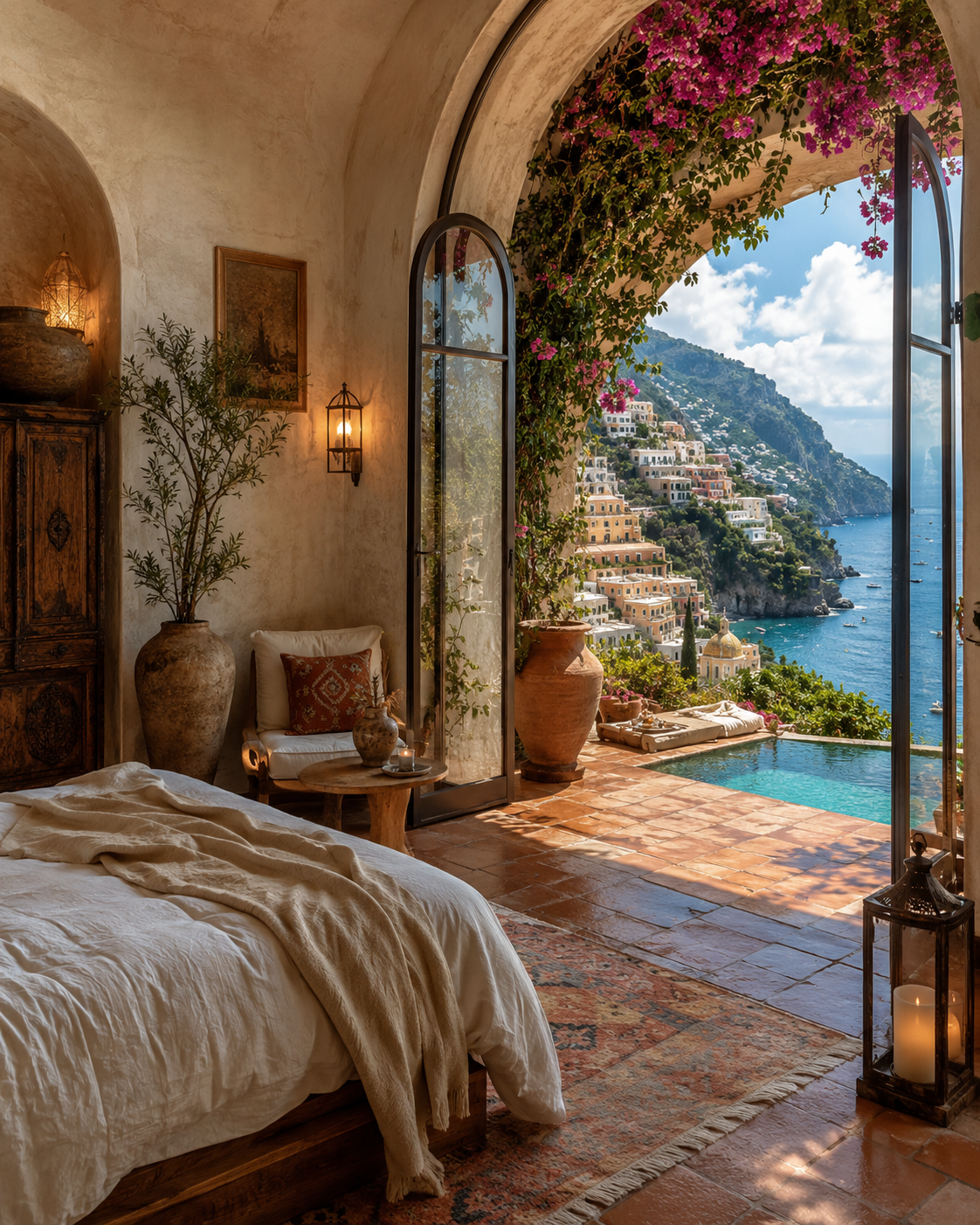 Charming Mediterranean boutique hotel courtyard with lush greenery and inviting outdoor seating.