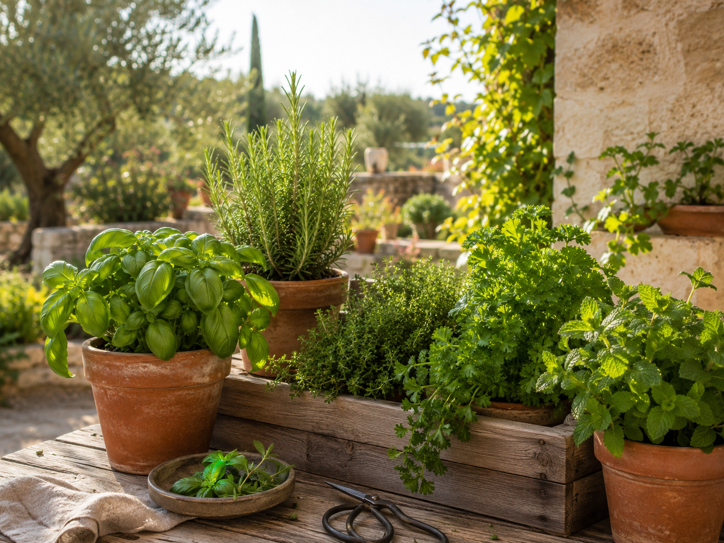 Fresh basil, rosemary, thyme, parsley, and mint growing in pots and a wooden herb garden in warm sunlight.