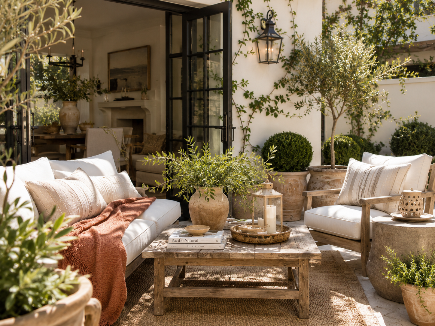 Cozy outdoor patio with cushioned seating, rustic wood table, potted greenery, lanterns, and warm terracotta accents.