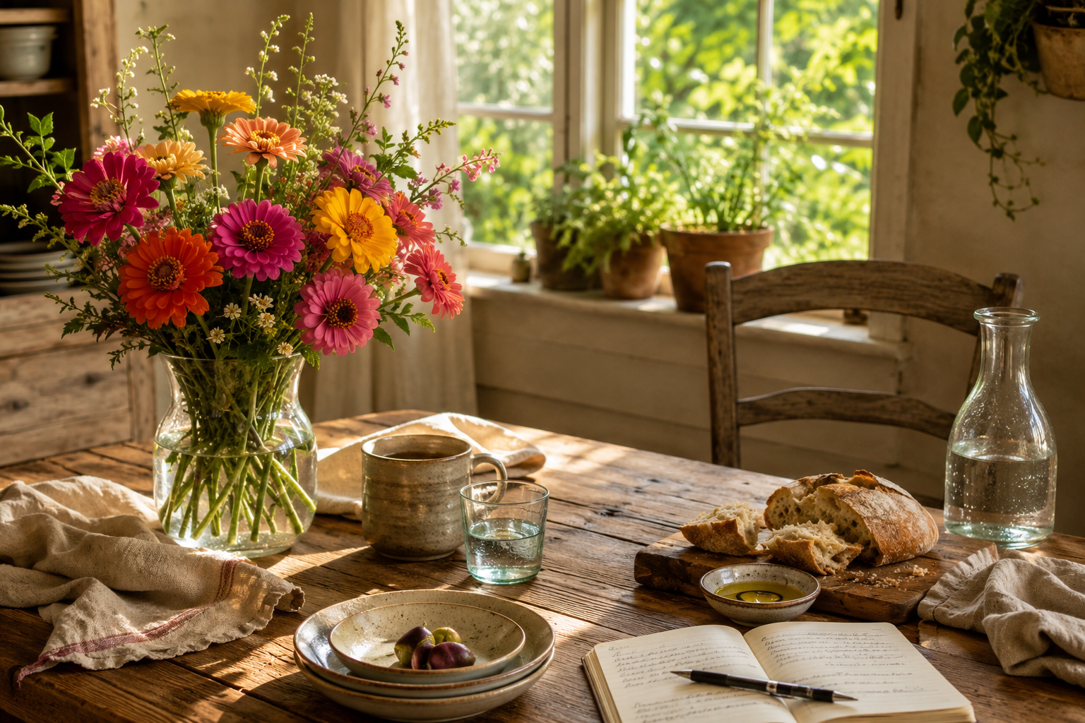 Rustic wooden table with fresh flowers, bread, coffee, and simple tableware in warm morning light.