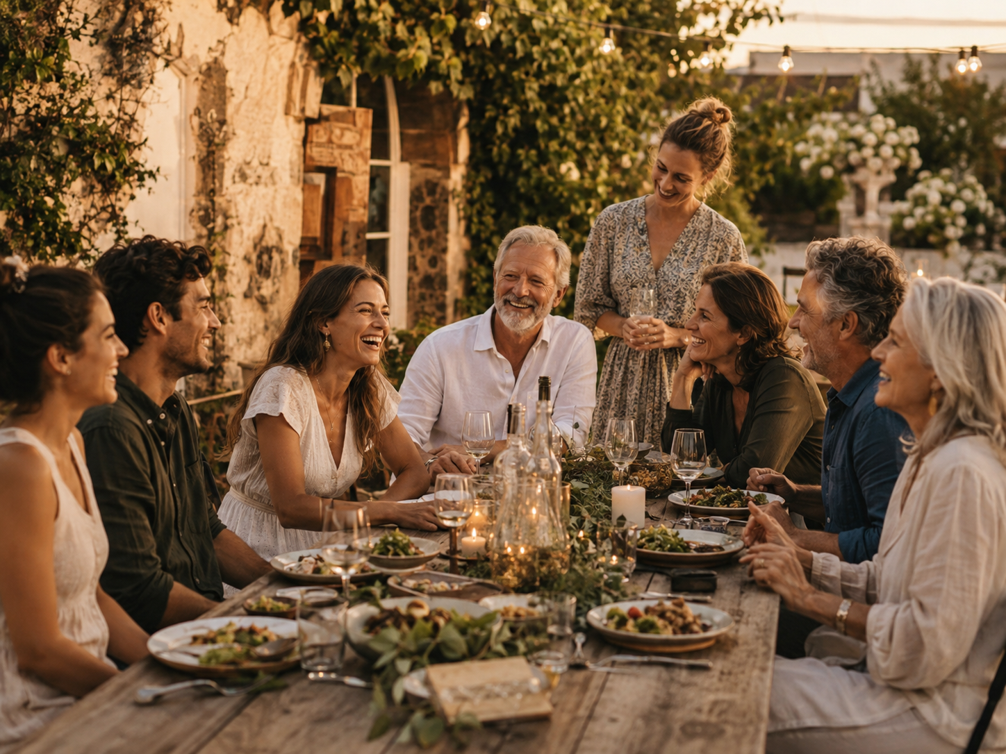 Friends of different ages laughing together over dinner at an outdoor table.