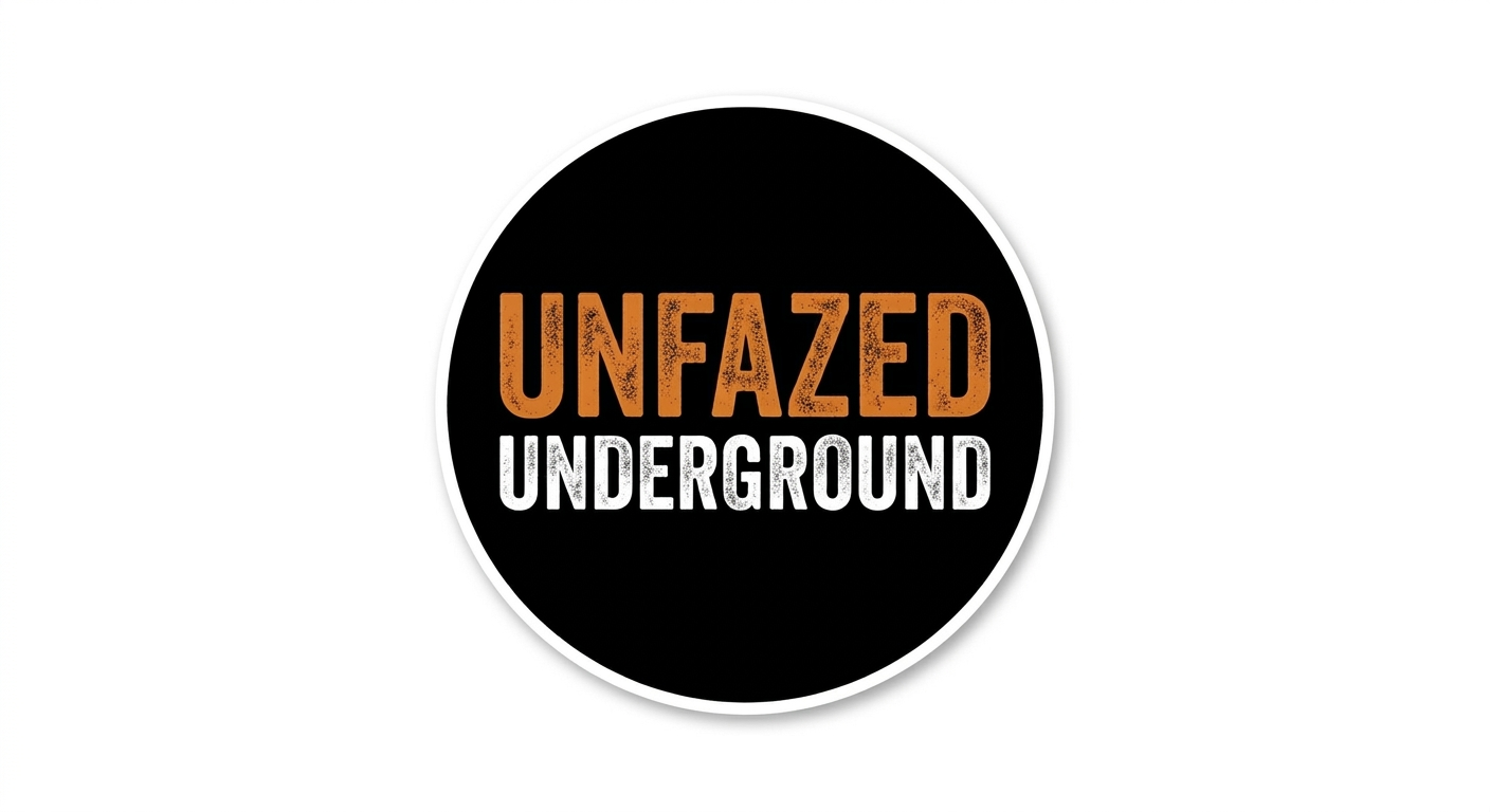 A circular sign with a black background and white border, displaying the words 'UNFAZED' in orange and 'UNDERGROUND' in white.
