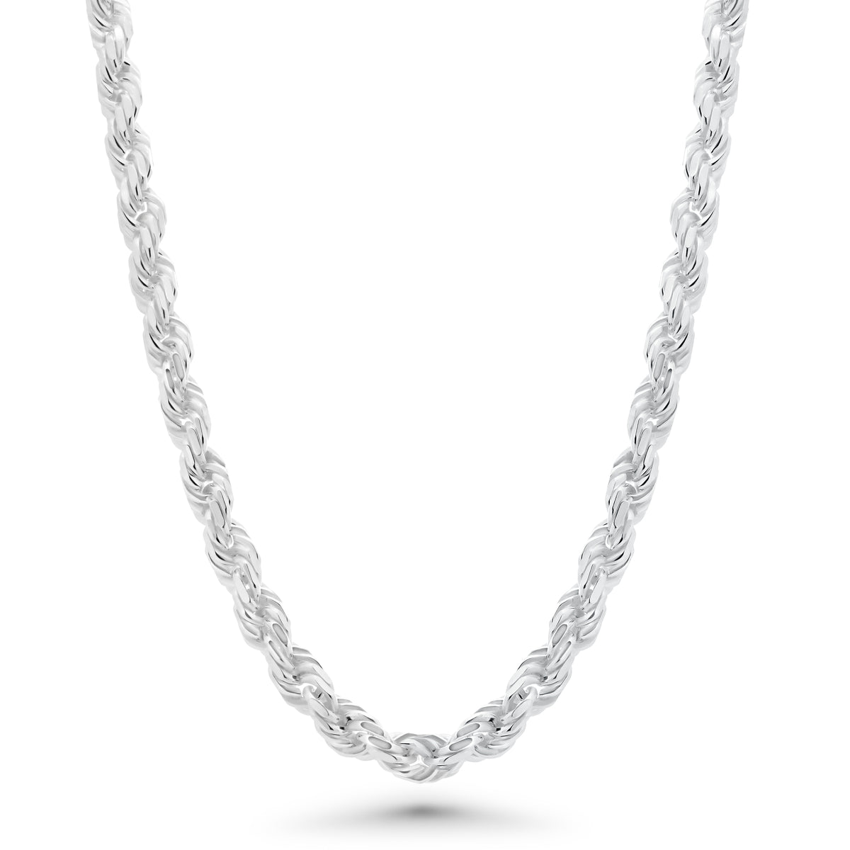 Silver twisted rope chain necklace on white background.