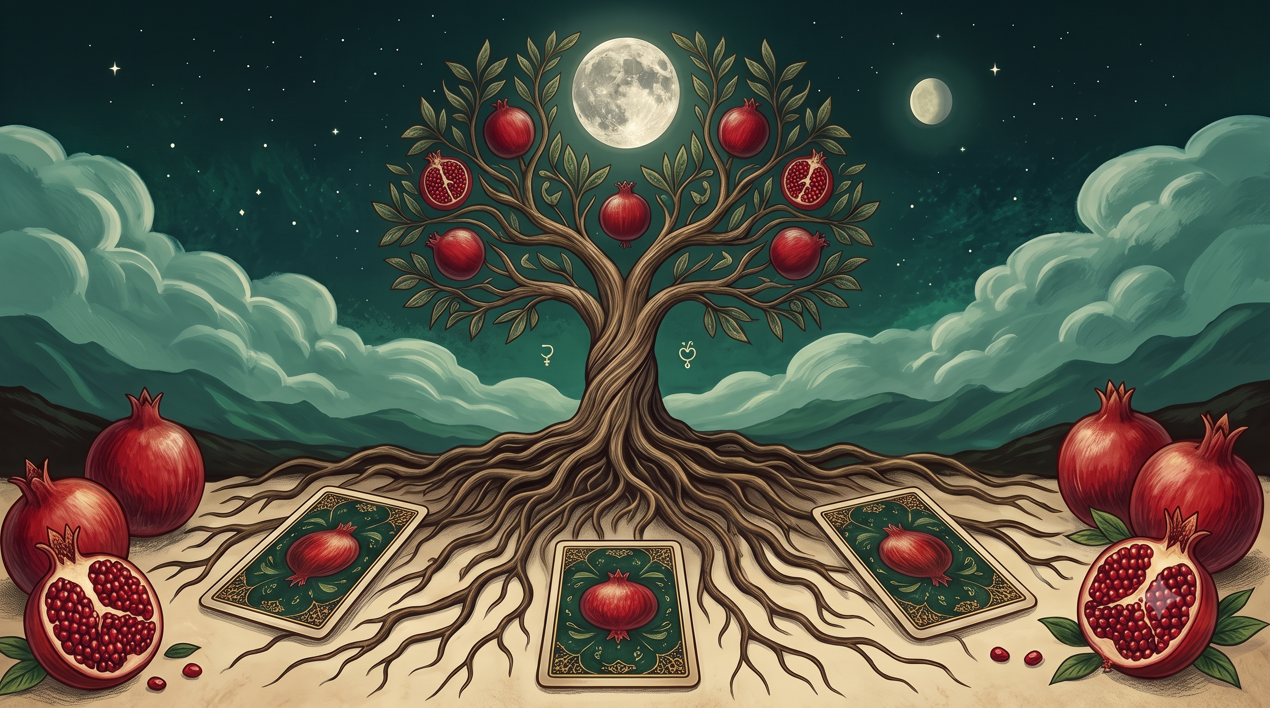 Illustration of a mystical pomegranate tree with red pomegranates and green leaves, set against a night sky with stars, clouds, a full moon, and distant mountains. Tarot cards featuring pomegranates and roots are spread on the ground around the tree.