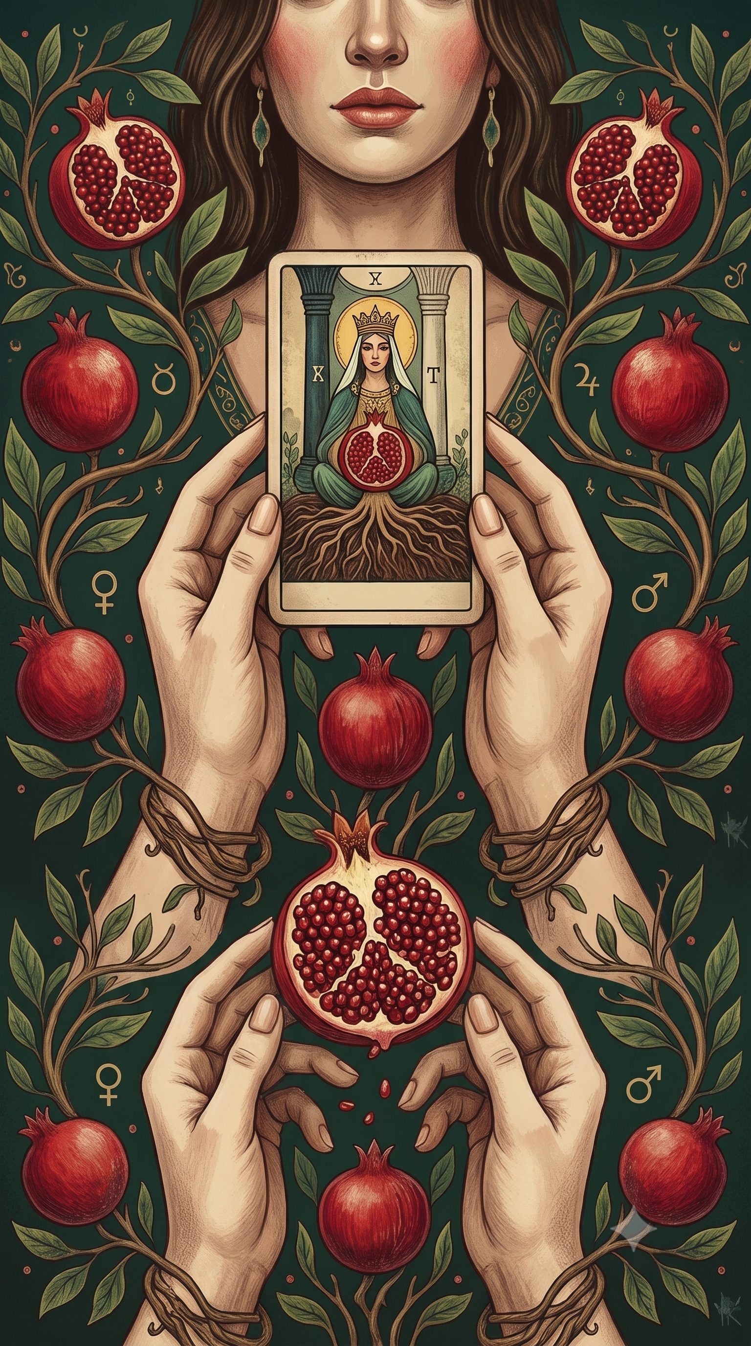 Illustration of a woman with long brown hair, holding tarot cards and pomegranates, surrounded by green leaves and symbols representing female and male genders, with an artistic, mystical aesthetic.