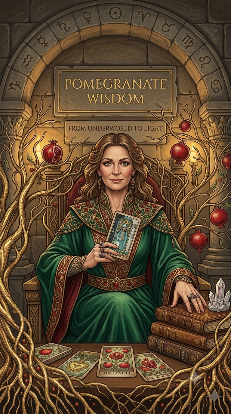 A woman dressed in a regal green and gold robe, sitting on a throne-like chair surrounded by pomegranate trees, holding a tarot card and reading tarot cards laid out on a table. The setting includes an arch with zodiac symbols, a sign that reads 'Pomegranate Wisdom,' and books, crystals, and pomegranates as symbols of knowledge and mysticism.