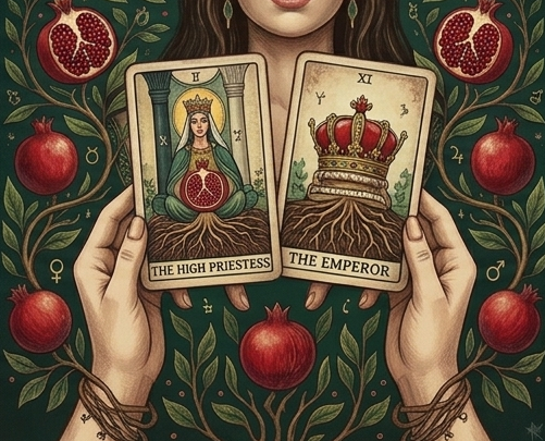 A person holding tarot cards, The High Priestess and The Emperor, with a background of pomegranate and pomegranate tree branches.