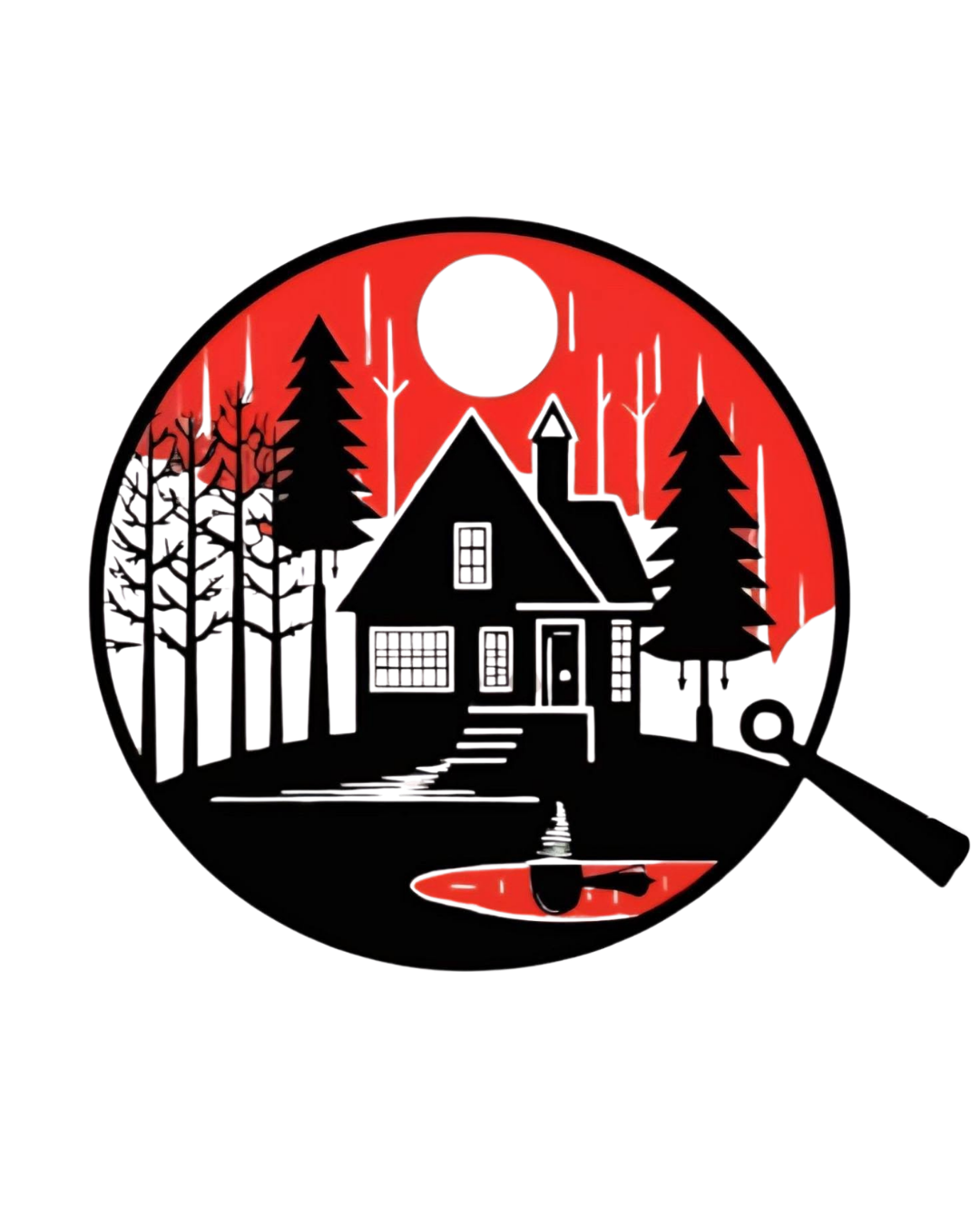 A black magnifying glass depicting a house with surrounding trees, a full moon in a red sky