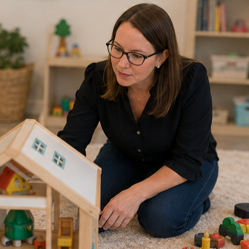 A woman with glasses, wearing a black shirt, is sitting on the floor playing with a wooden dollhouse.