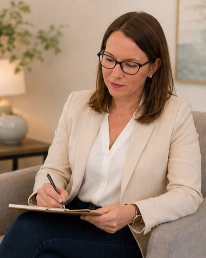 A woman with glasses and shoulder-length brown hair sitting on a beige chair, writing in a notepad with a pen in a cozy room with a lamp, table, and plant in the background.