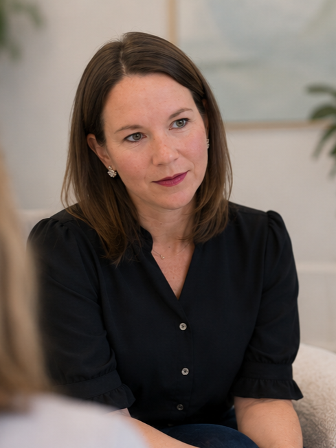 A woman with shoulder-length brown hair and earrings, wearing a black button-up shirt, looking thoughtfully at someone off-camera in a well-lit room with a plant and framed artwork in the background.