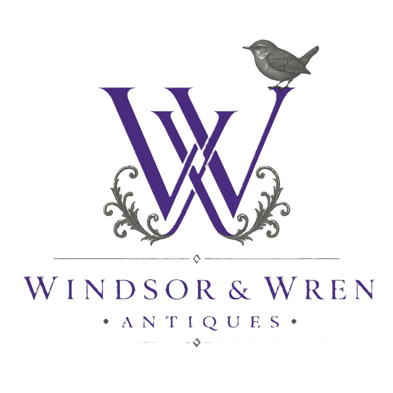A logo featuring the initials 'W' and 'W' intertwined in a dark blue color, with a small blackbird perched on the upper right side of the right 'W'. Below, the text reads 'WINDSOR & WREN' and 'ANTIQUES' in dark blue, with decorative gold accents and lines.