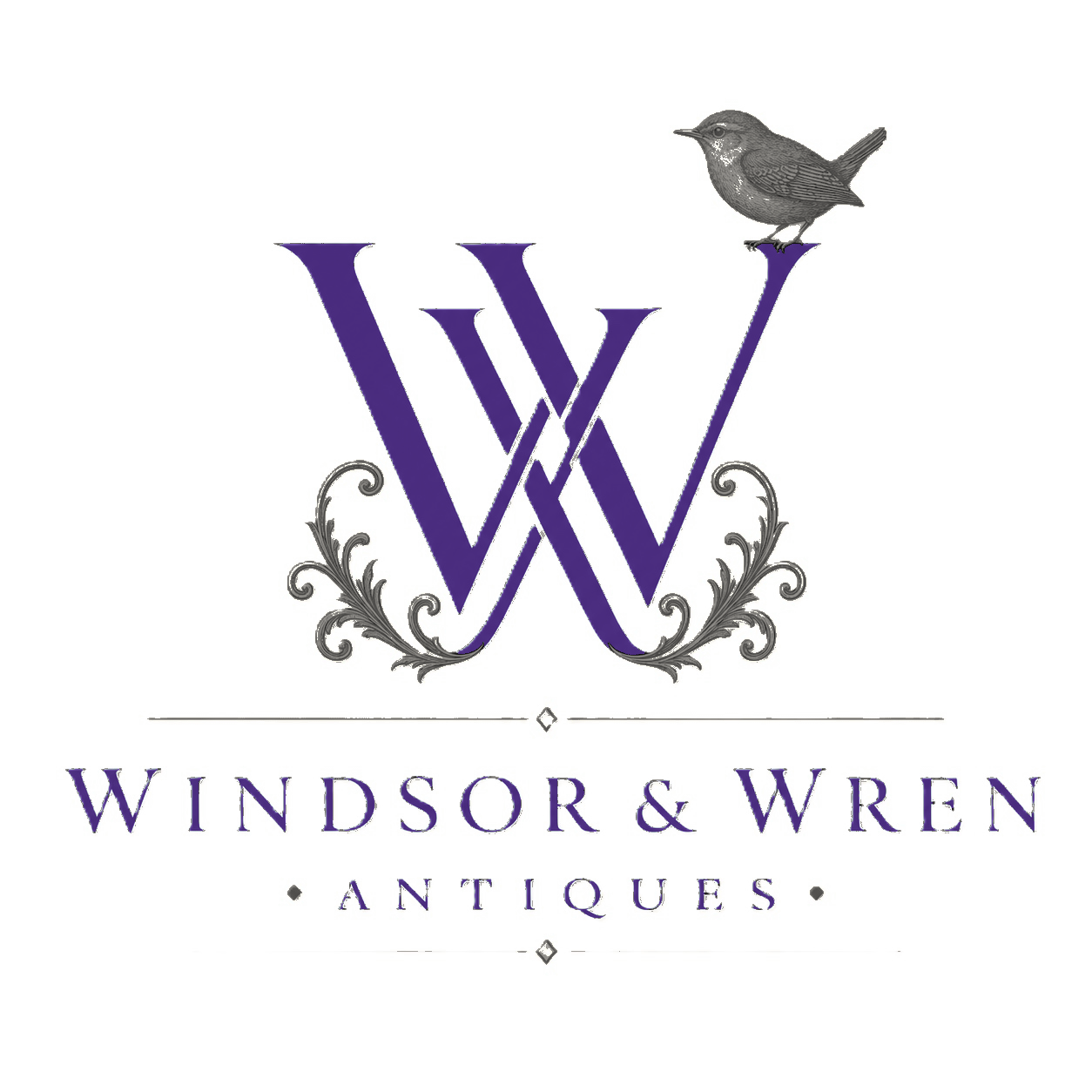 Logo for Windsor & Wren Antiques featuring a large, ornate, navy blue letter W intertwined with a smaller W, with a bird perched on the top right corner of the larger W, and decorative gold flourishes and the text 'Windsor & Wren Antiques' below.