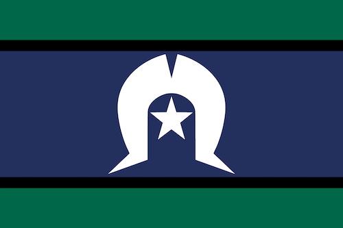 Flag made up of top and bottom green stripes, then two black stripes either side of the central dark blue stripe. The dark blue center stripe shows a white Dhari and white star.