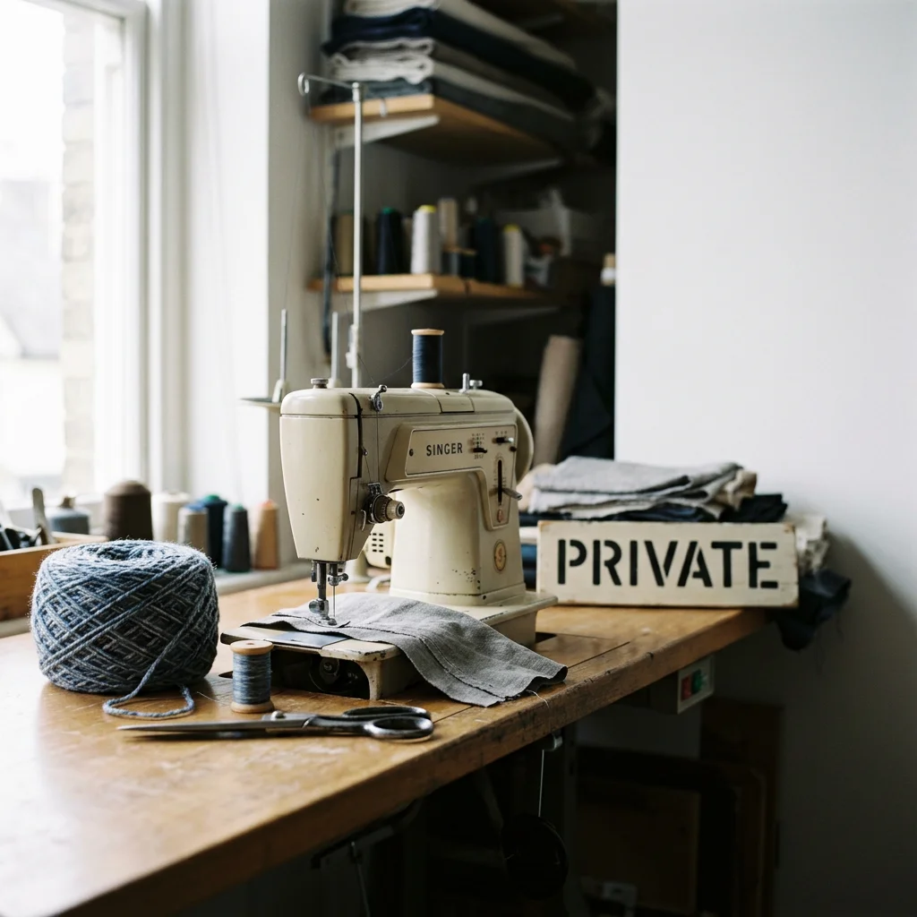 A ball of yarn, a sewing machine and scissors and a 'private' sign