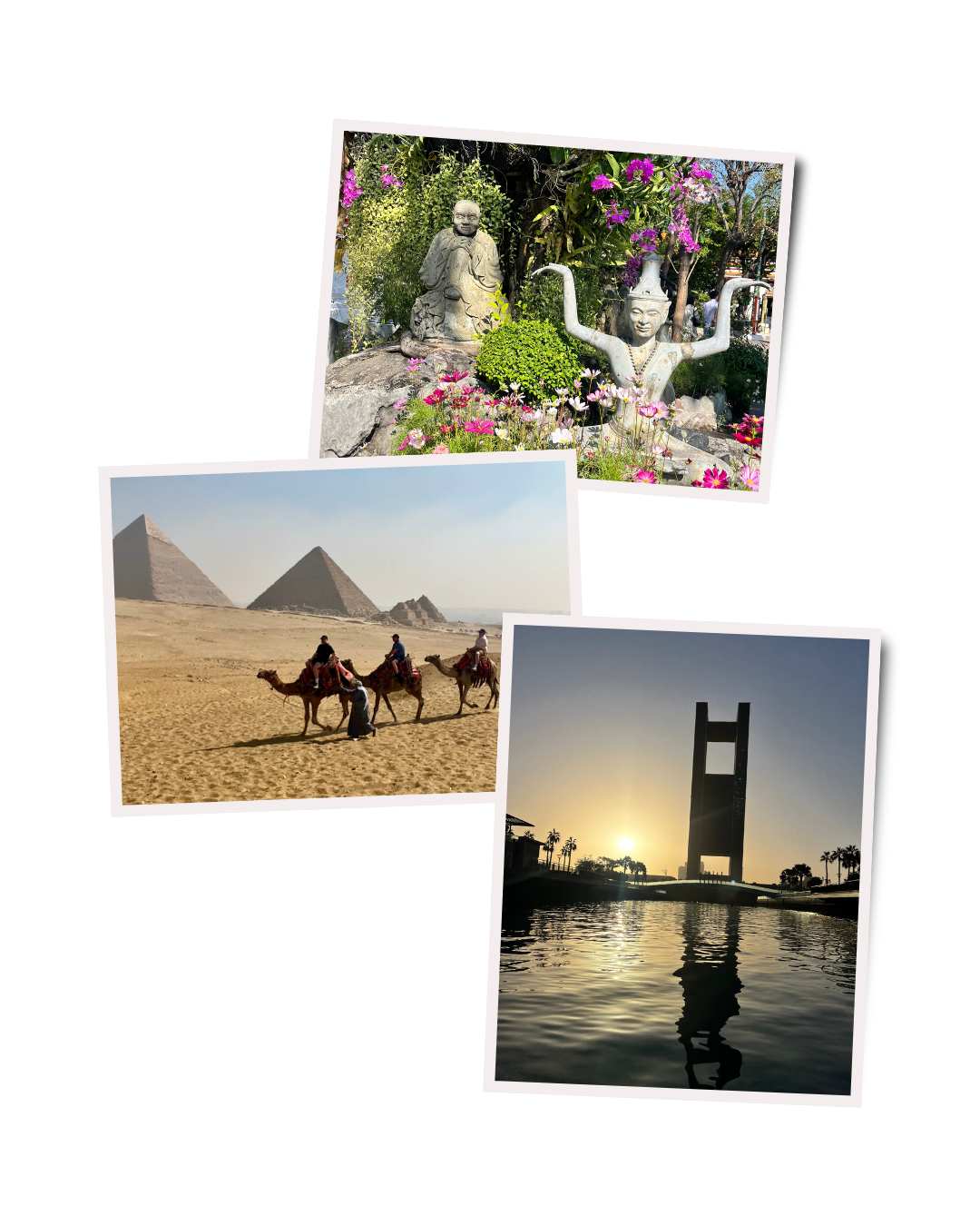 Collage of three travel photos: a garden with statues and pink flowers, pyramids with camels and tourists in the desert, and a modern building with a sunset reflected in water.