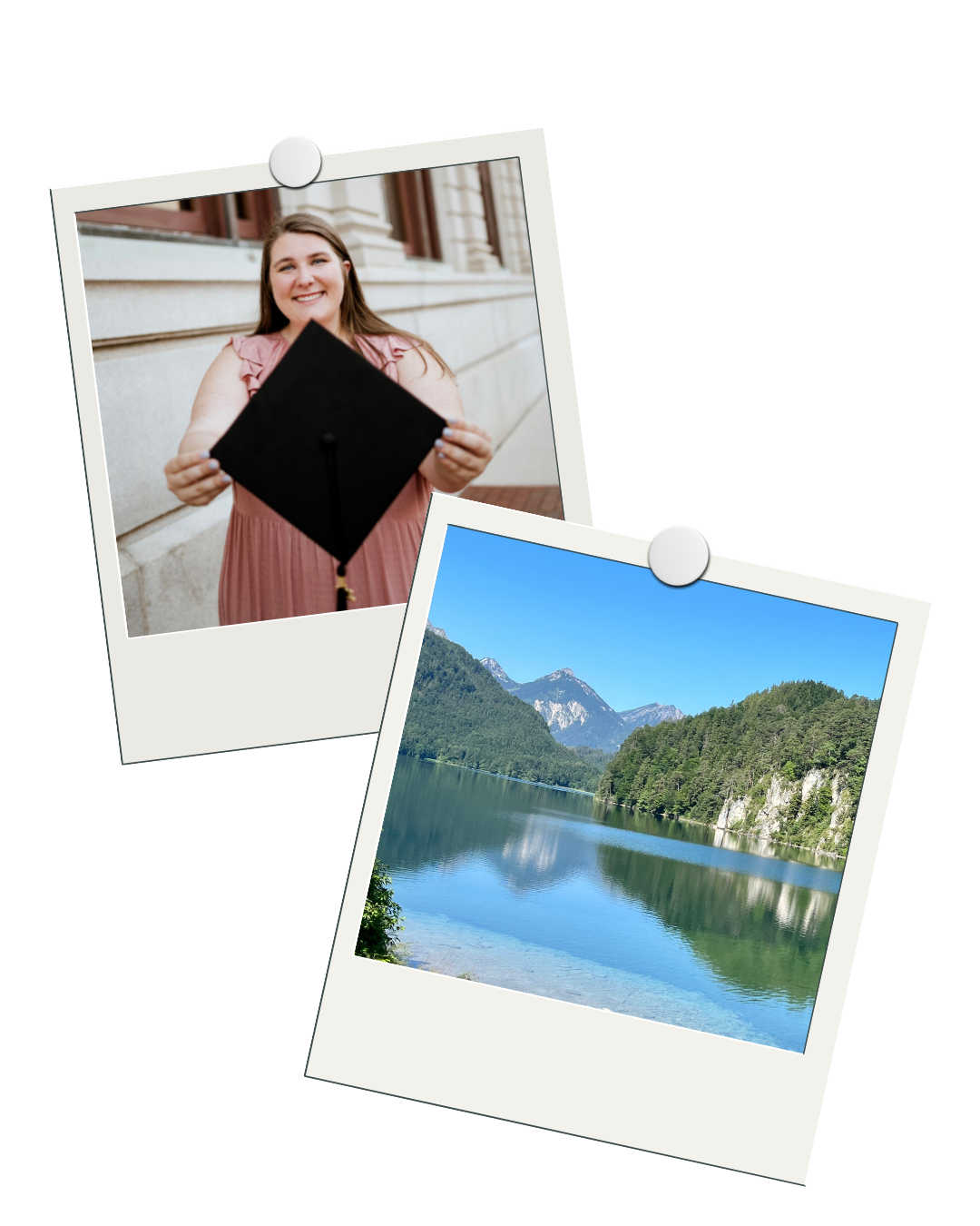 A smiling woman in a pink dress holding a graduation cap, with a background of a building with columns. The bottom photo features a scenic view of a lake surrounded by green mountains and a clear blue sky.