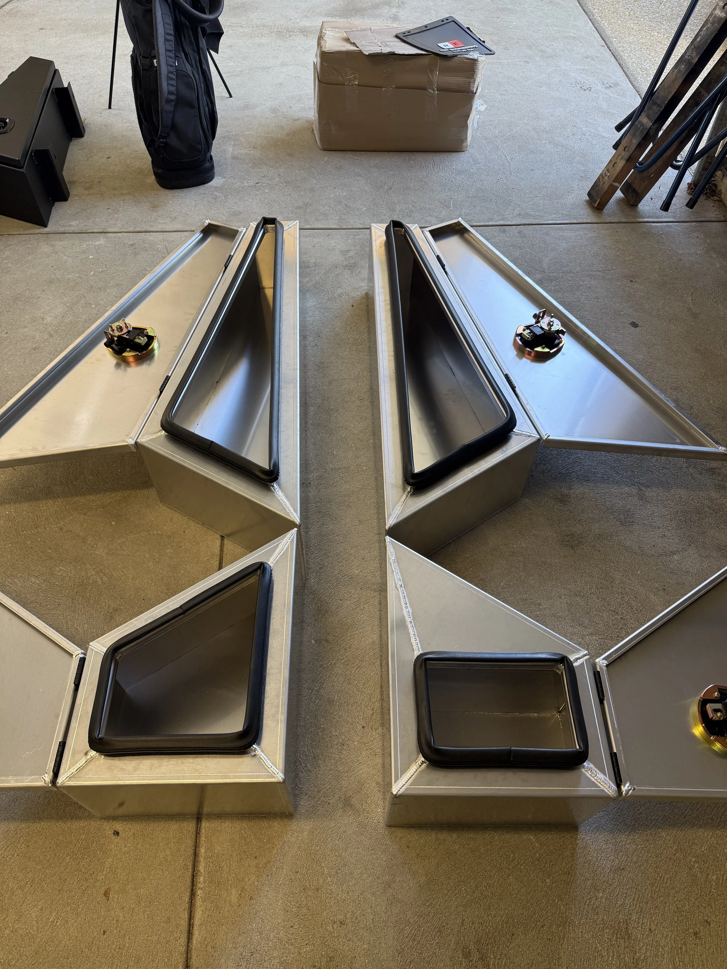 Underside toolboxes ready for fit-out. Made to conceal the fuel filler
