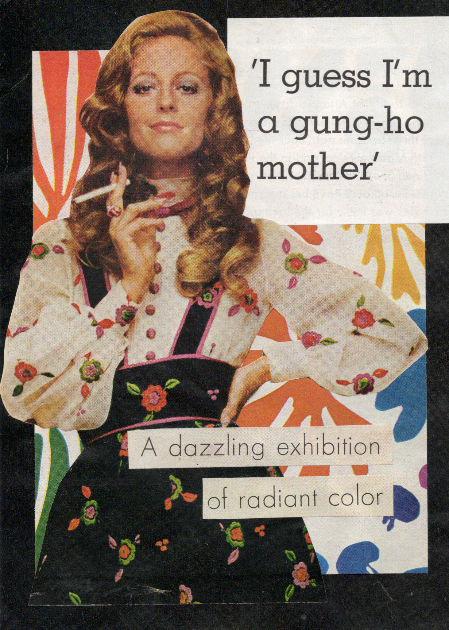 A woman with long wavy hair smoking a cigarette, wearing a floral dress and black apron, and sitting in front of a colorful background with abstract shapes.