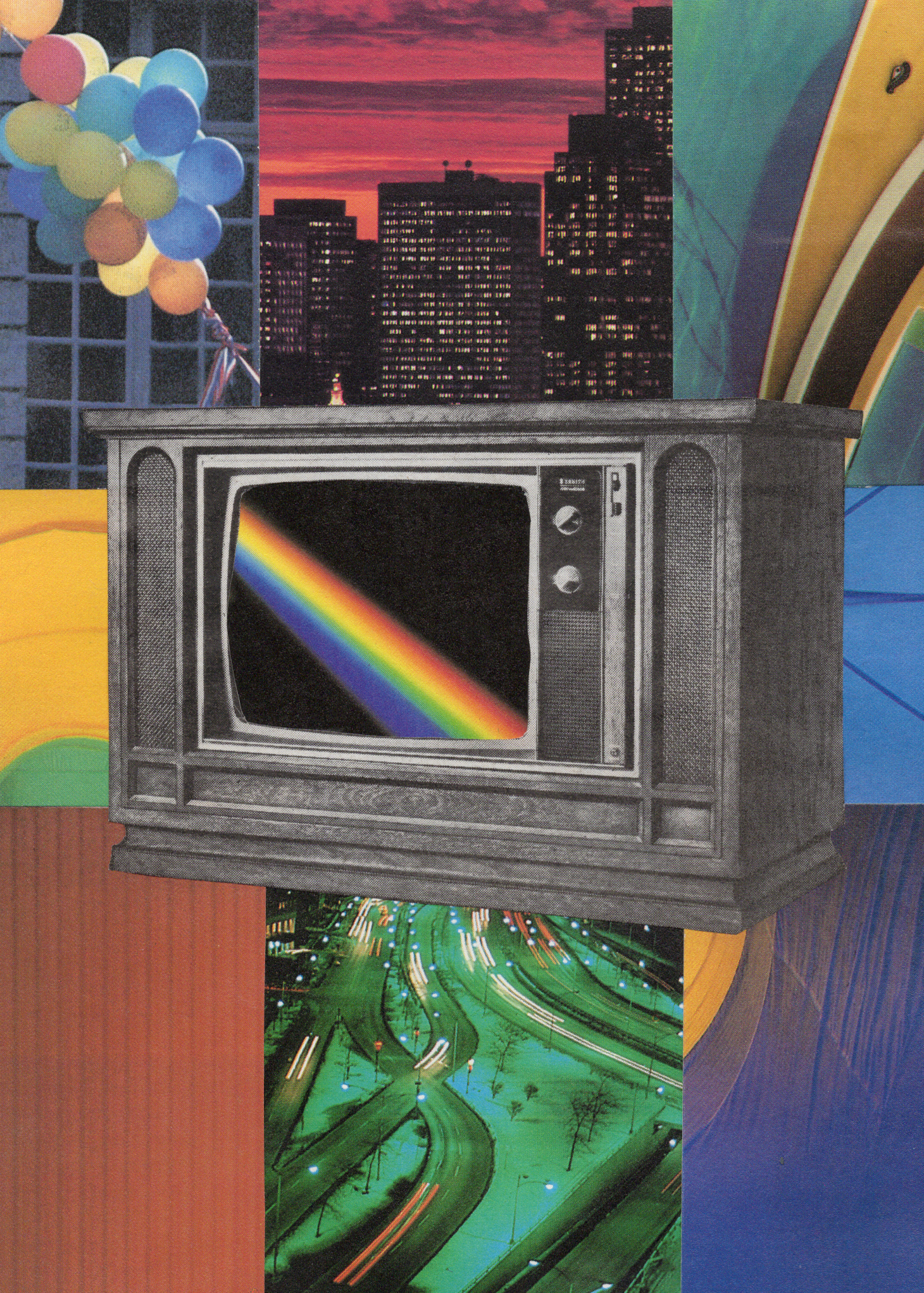 A collage of colorful urban scenes, including a yellow hot air balloon, city skyline at sunset, a rainbow on a vintage TV, and a brightly lit highway at night.