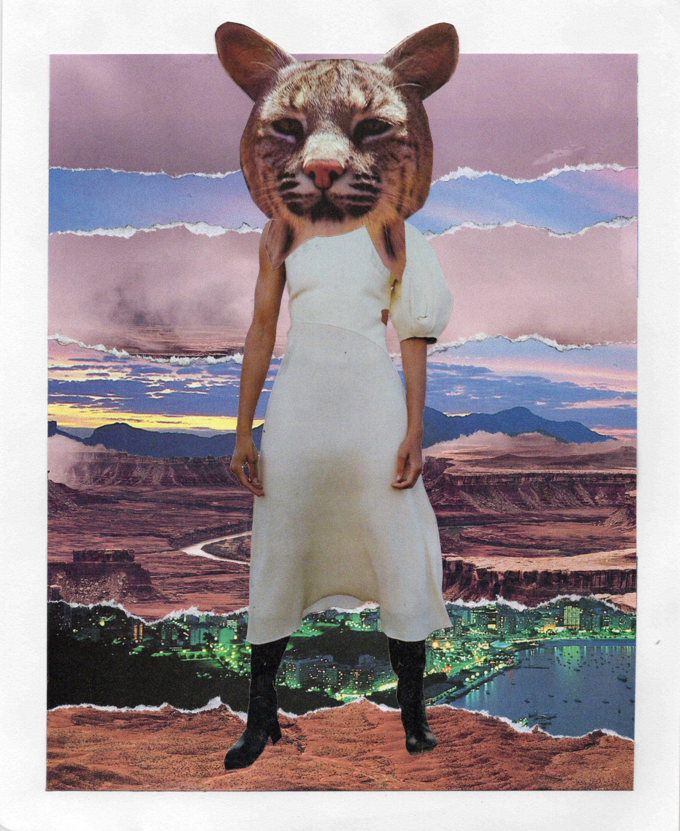A collage featuring a large animal's face with a feline appearance and upright ears, placed over a woman's body dressed in a white dress. The background is a landscape scene with layered torn paper effects, displaying mountains, a cityscape, and a colorful sky at sunset.