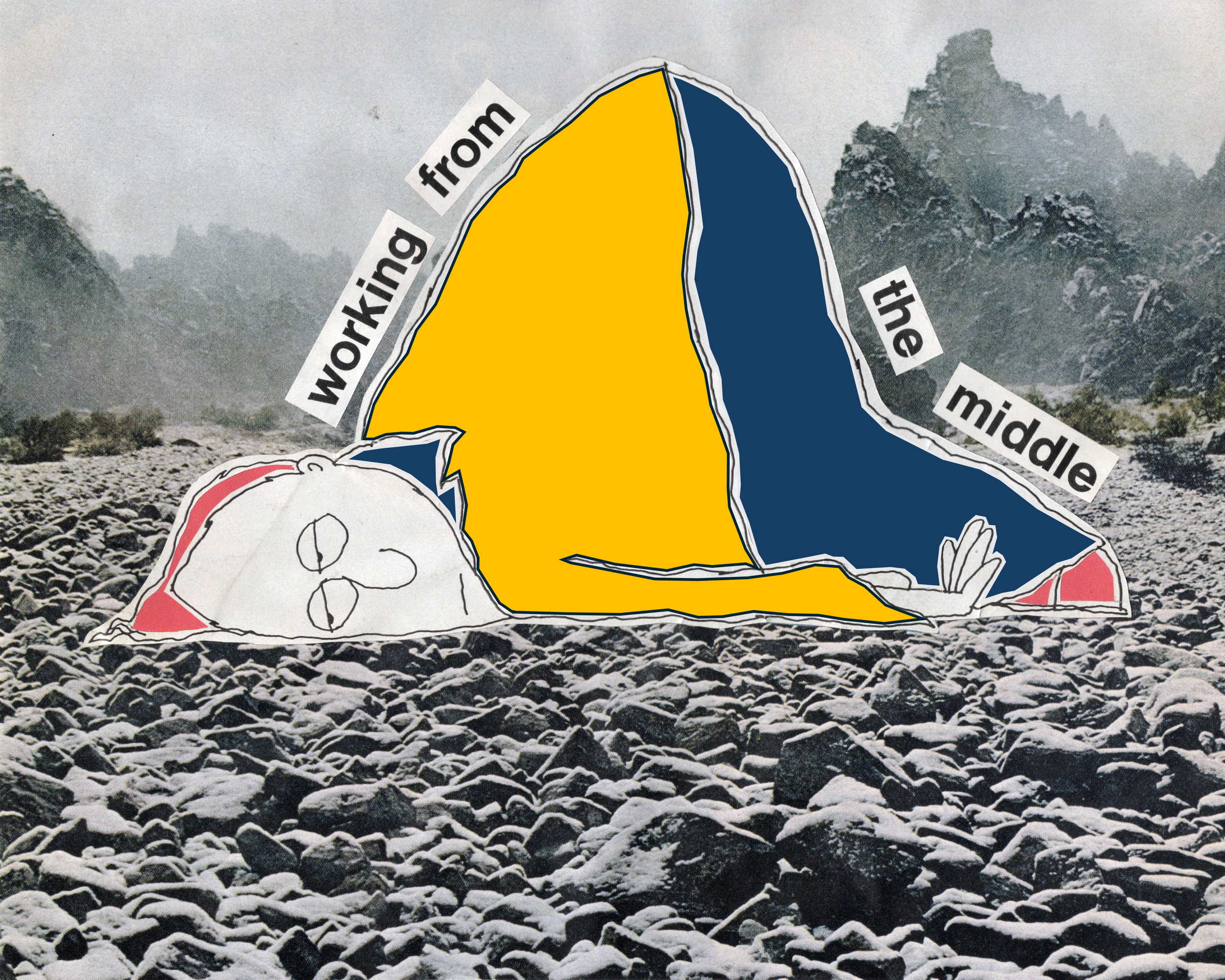 A stylized illustration of a mountain peak with labels indicating the different slopes: 'from', 'working', 'the', 'middle'. The background features a grayscale mountainous landscape with rocky terrain.