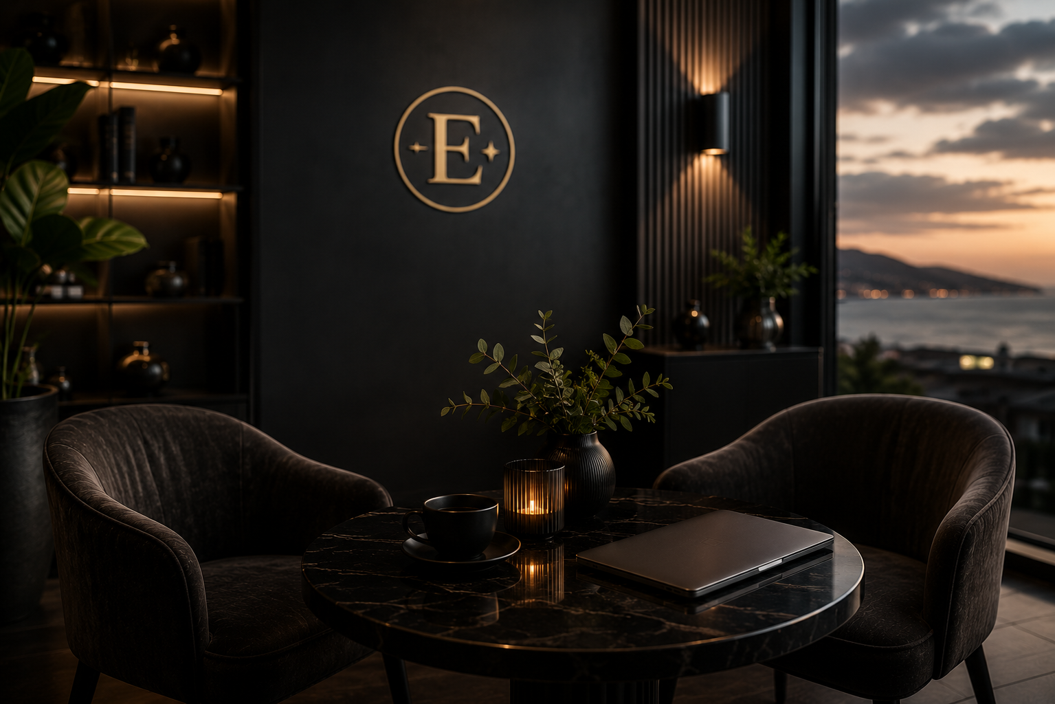 Eleganter Sitzbereich mit dunklem Tisch, zwei Stühlen und Deko-Accessoires bei Sonnenuntergang, mit Meerblick im Hintergrund.