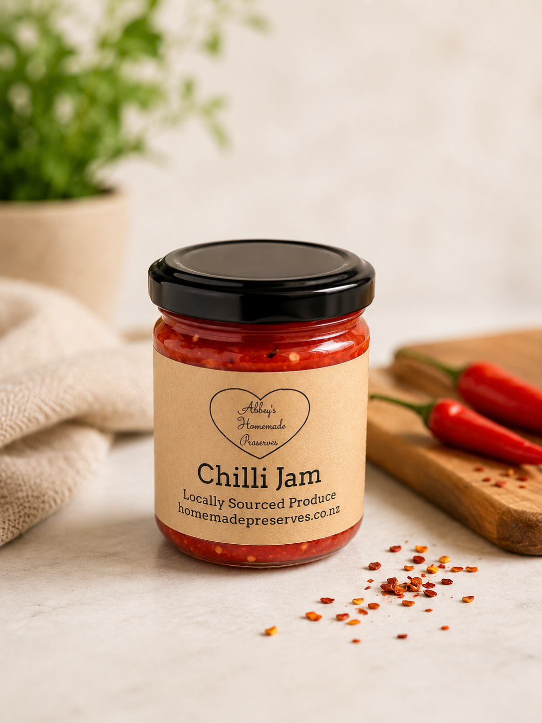 A glass jar of homemade chili jam with a black lid and a beige label that reads "Abby’s Homemade Preserves, Chilli Jam, Locally Sourced Produce, homemadepreserves.co.nz." The jar is placed on a white surface, with a few crushed red chili flakes scattered nearby, and red chili peppers on a wooden cutting board in the background, along with a cloth and a green plant.