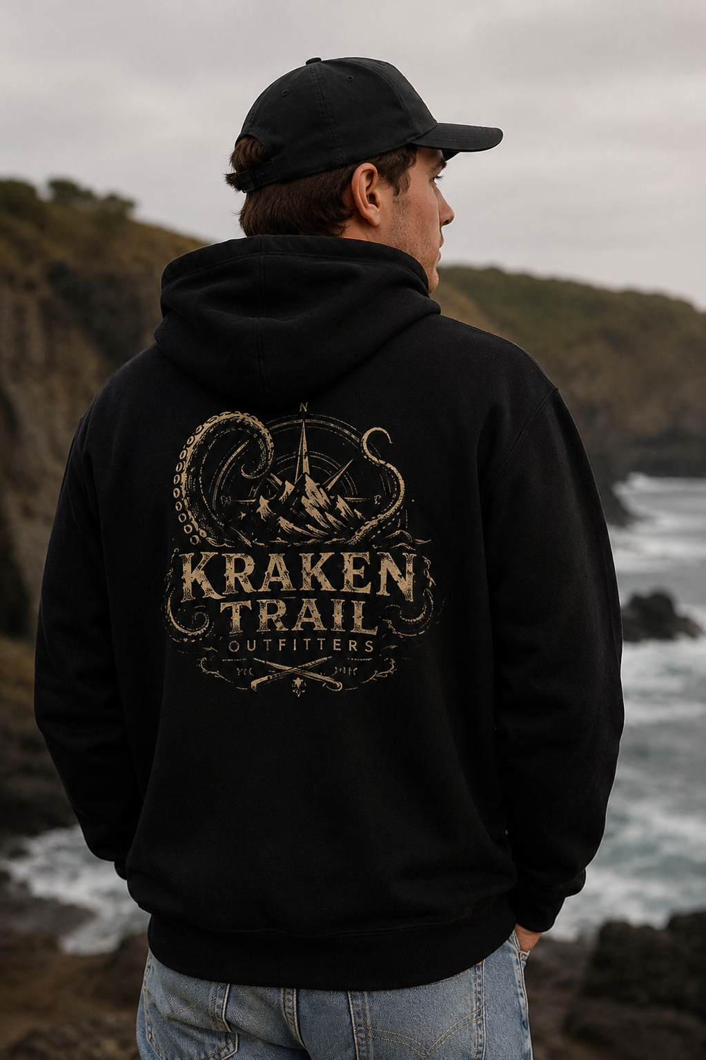 A man wearing a black hoodie and black cap standing near a rocky coastline with waves crashing against the shore, the hoodie has a graphic of mountains, a compass, and the text 'Kraken Trail Outfitters' on the back.