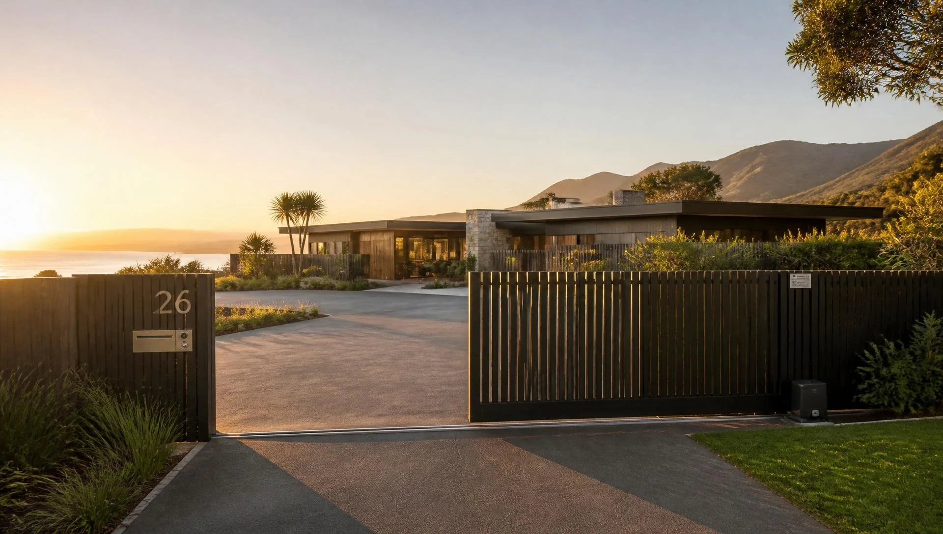 Modern house with a flat roof, set against a mountain landscape during sunset. The house is surrounded by a black fence with the number 26 on a gate, and features large windows and palm trees nearby.