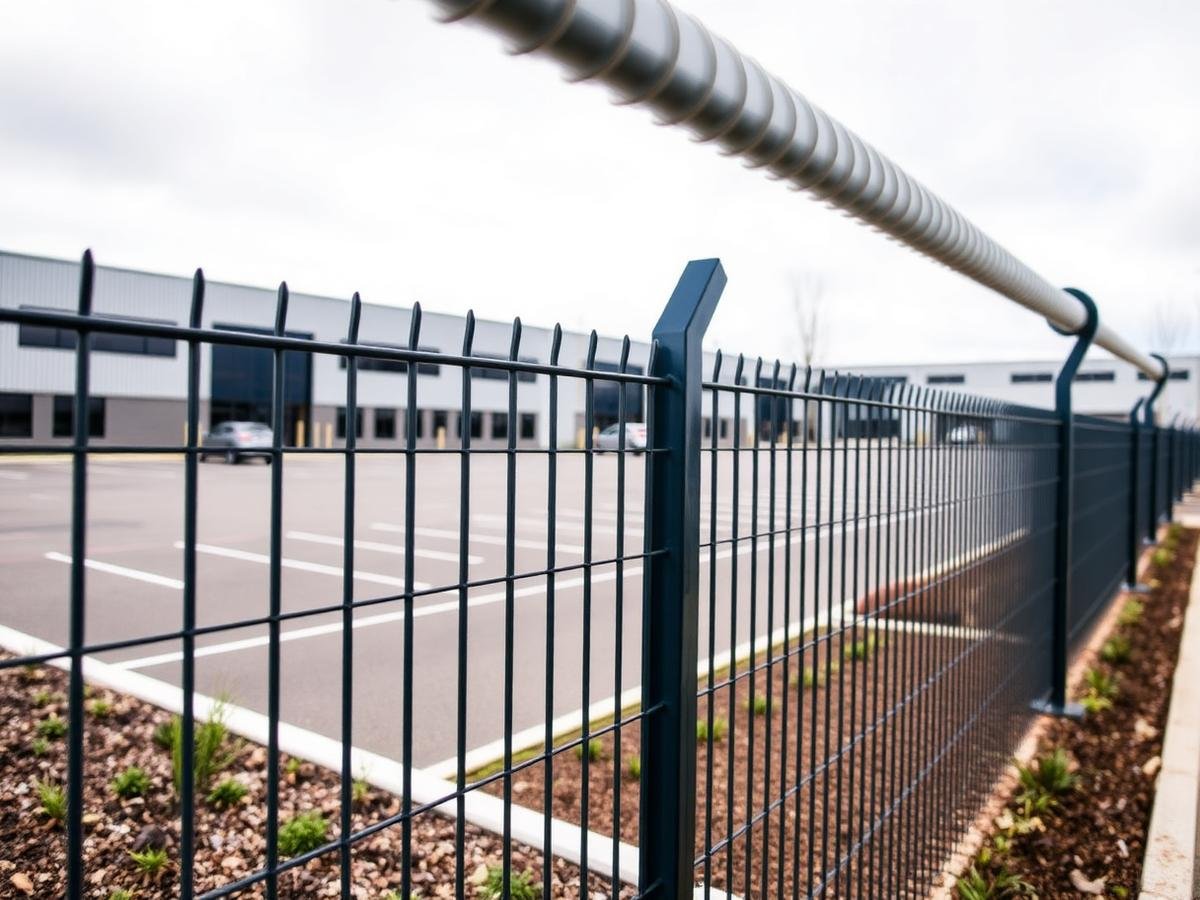 A close-up of a metal fence with an orange and white pasteurized milk pipe overhead outside a commercial building with an empty parking lot.