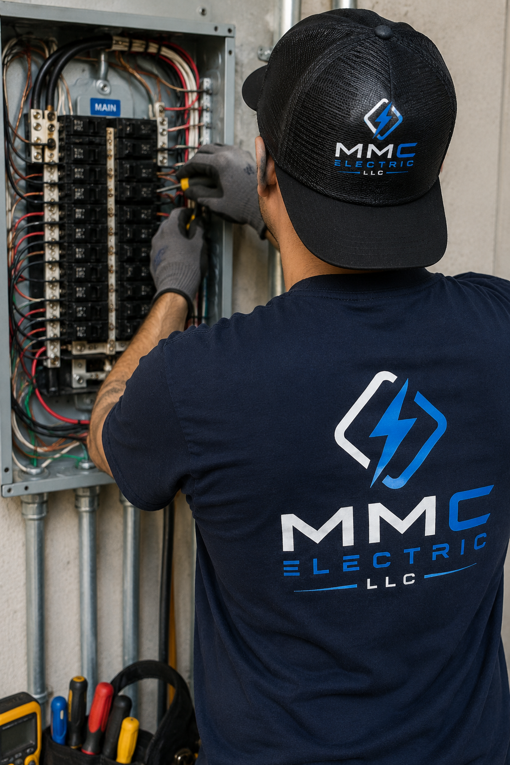 An electrician working on an electrical panel, wearing a cap and shirt with MMC Electric LLC logos.
