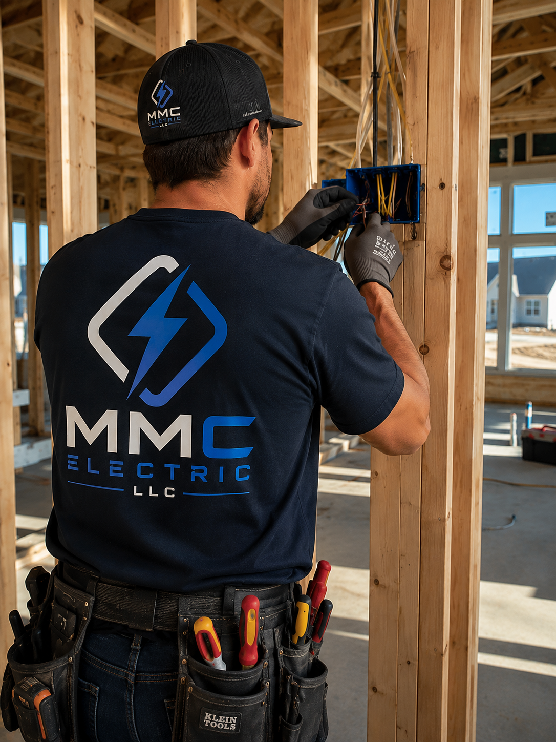 A worker from MMC Electric LLC installing electrical wiring inside a wooden frame of a house under construction.