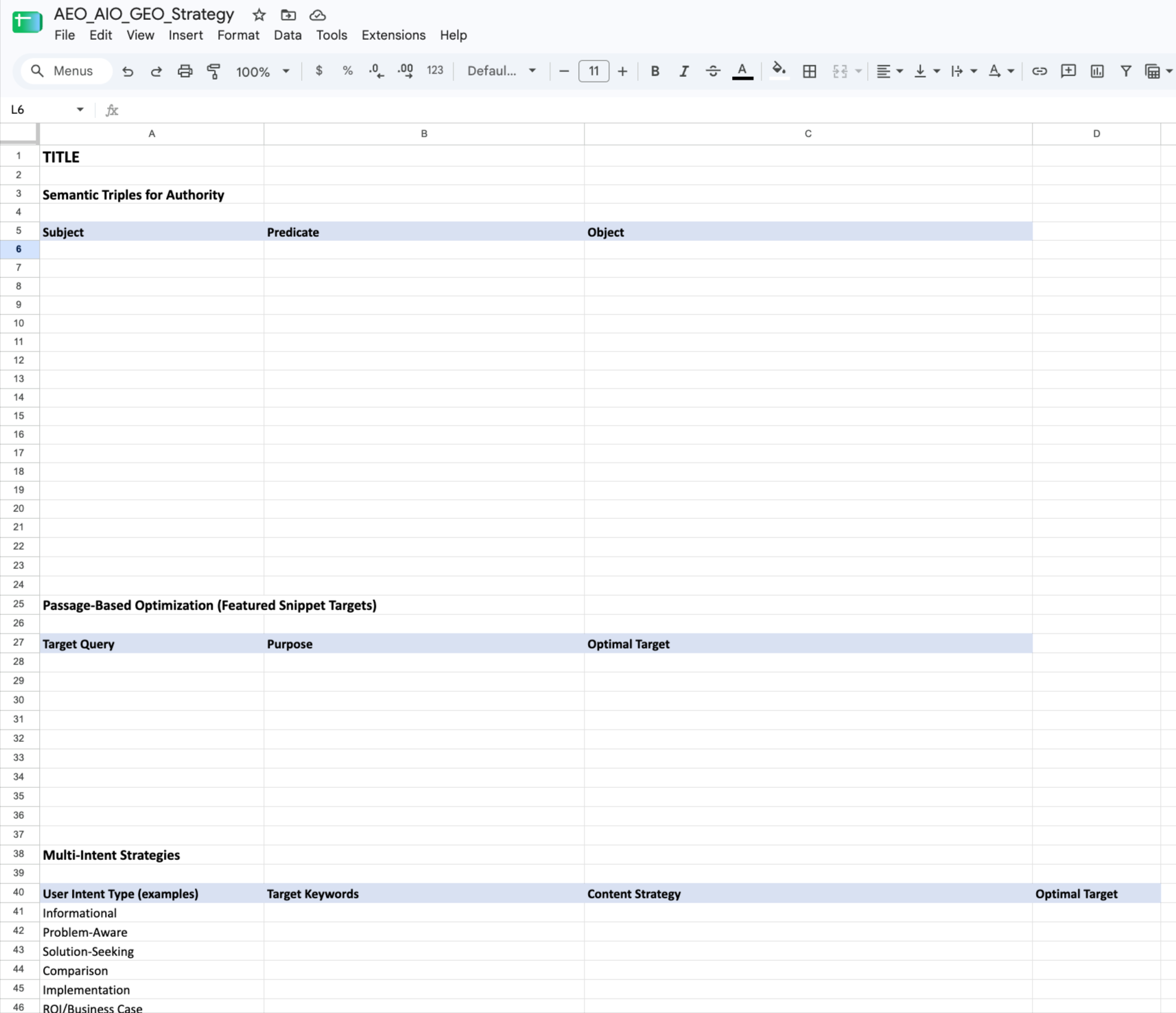 Screenshot of a Google Sheets document titled 'AE0_AIO_GEO Strategy' with sections on keyword strategy, including semantic triples, passage-based optimization, multi-intent strategies, and user intent types.