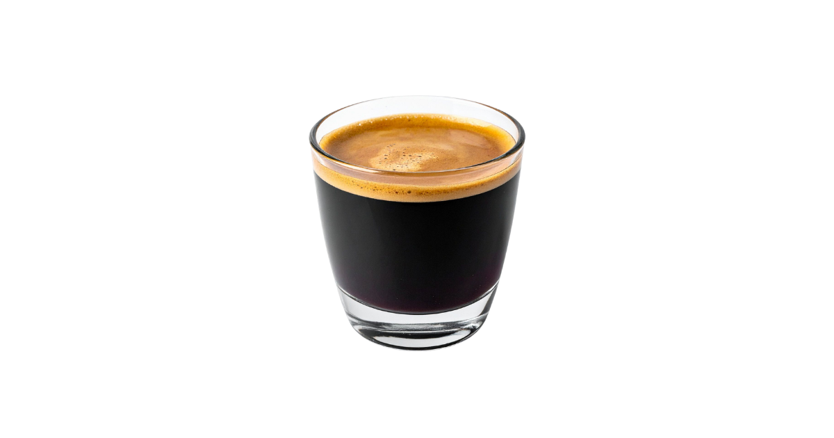 A glass of espresso coffee with a layer of crema on top.