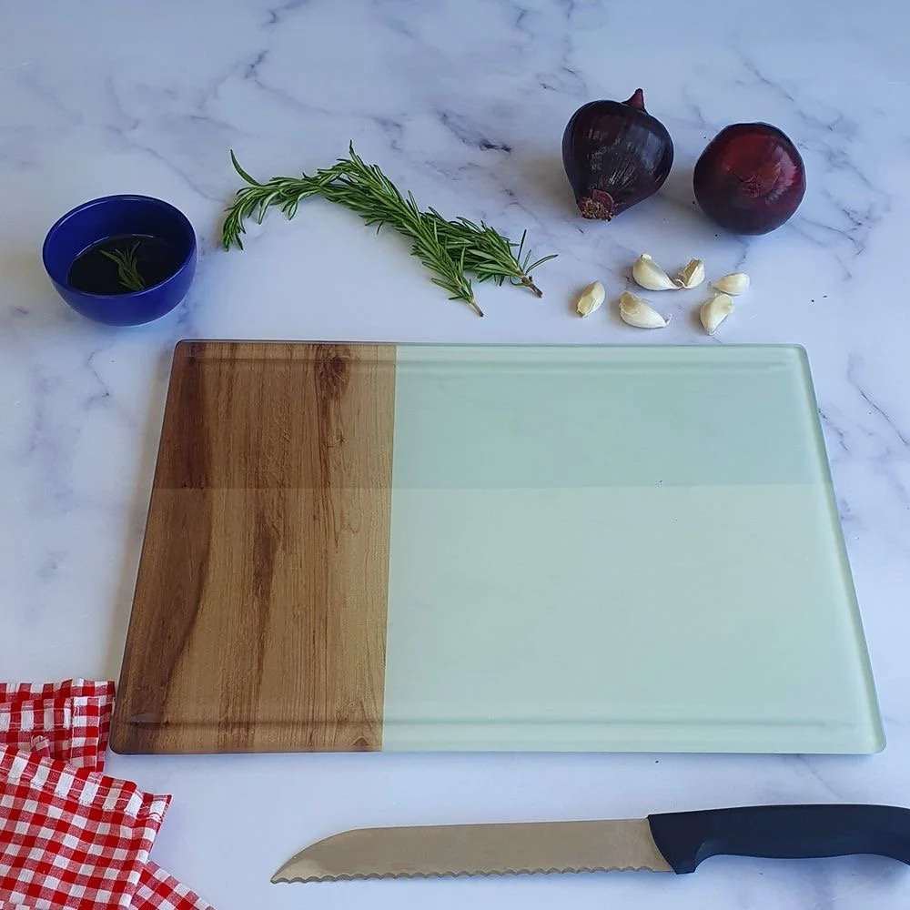 Tempered Glass Cutting Board  with Juice Groove - Wood & White Marble