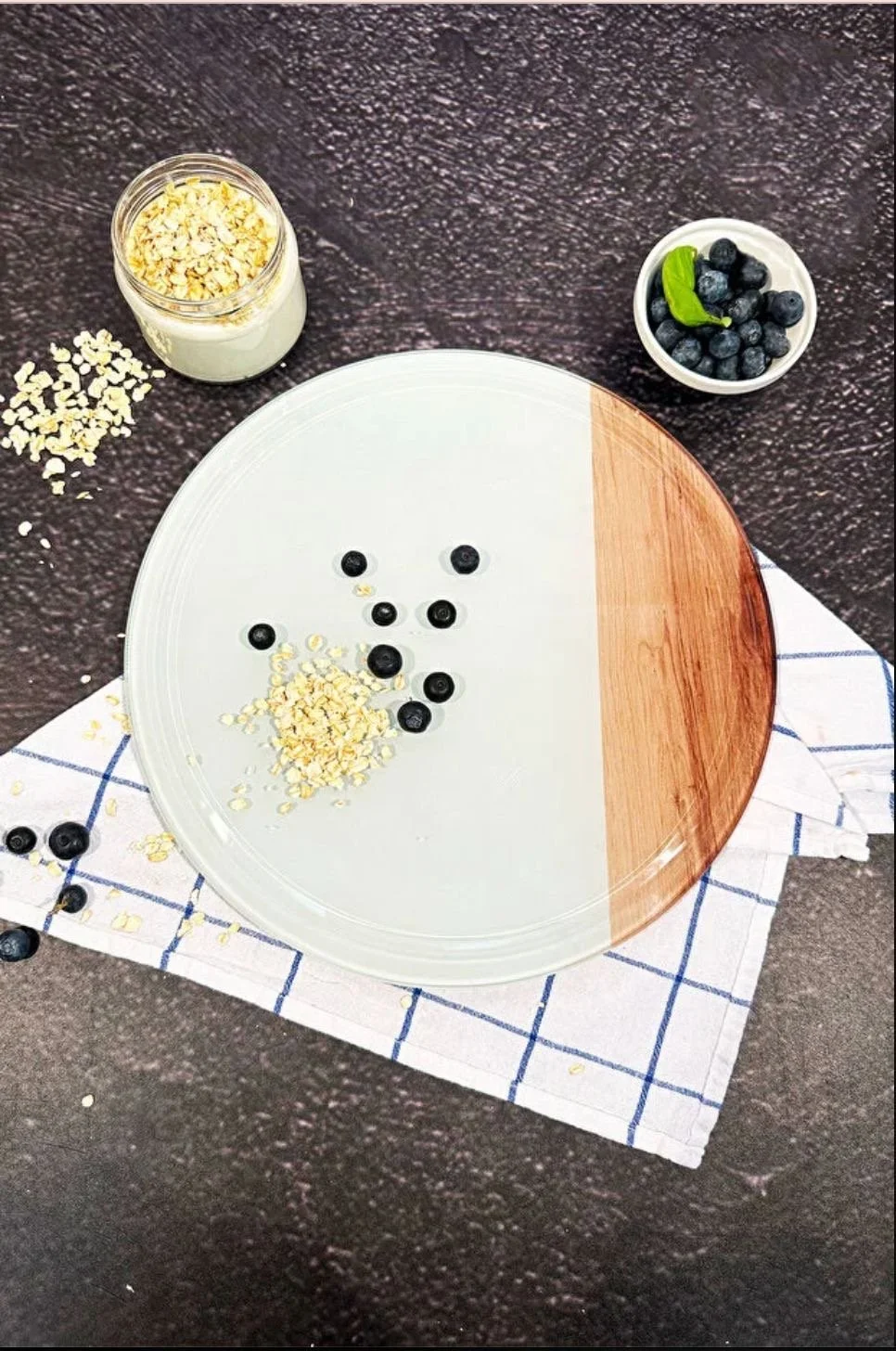 Round Tempered Glass Cutting & Serving Board with Juice Groove - Wood and White marble
