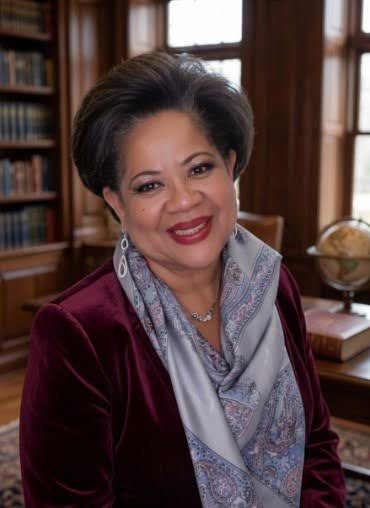 A woman with short dark hair smiling, dressed in a purple blazer and a blue paisley scarf, sitting in a room with wooden bookshelves and a globe in the background.
