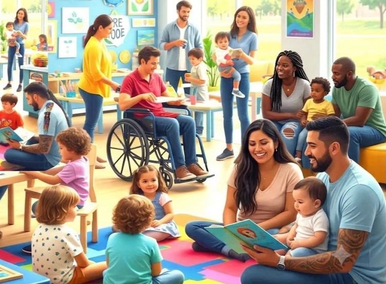 Children and adults in a colorful playroom, engaging in reading activities and socializing.
