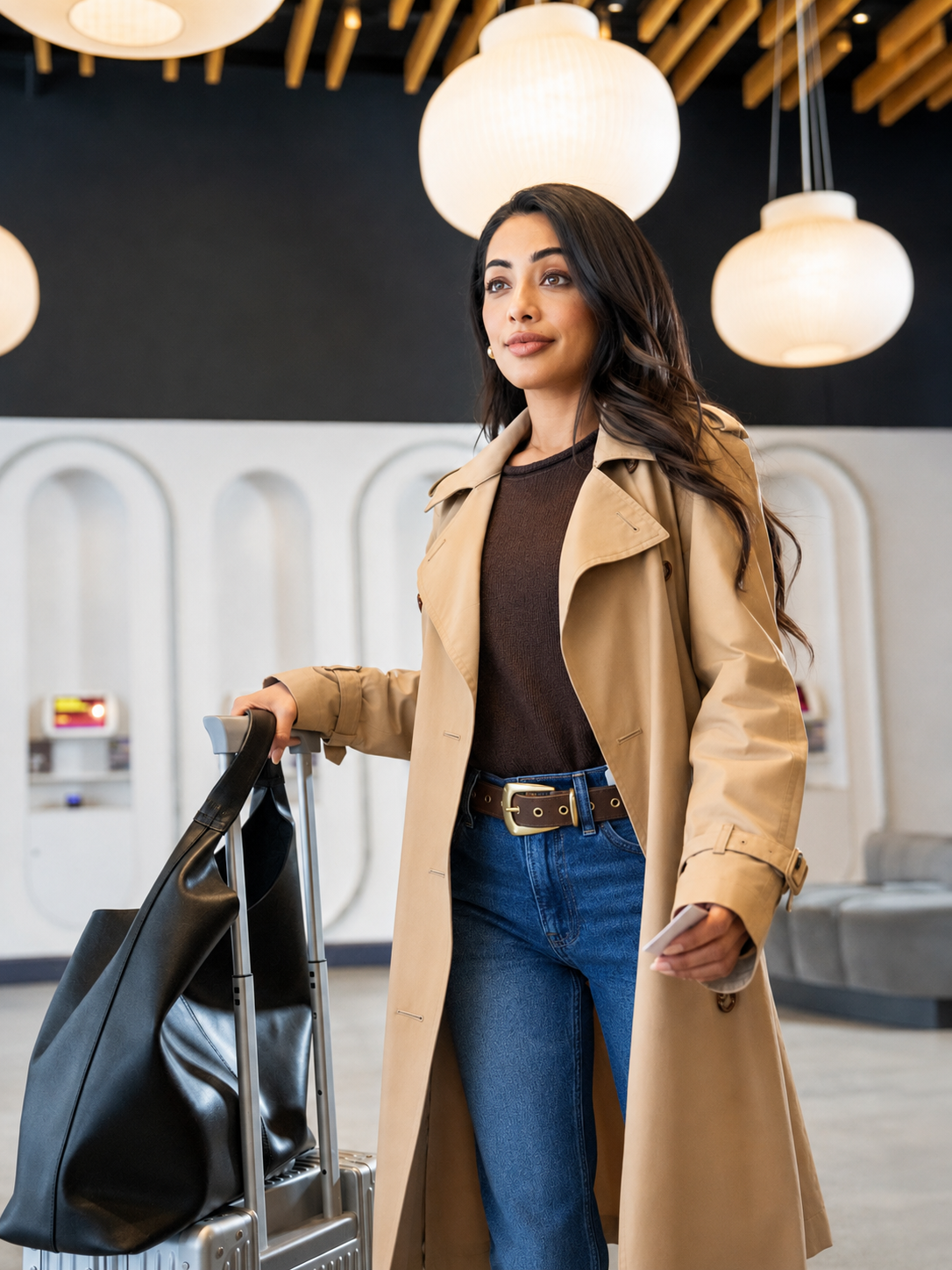 A woman with long dark hair, wearing a beige trench coat over a brown sweater and jeans, standing at an airport terminal with a luggage cart and holding her boarding pass. Modern airport interior with decorative lighting.