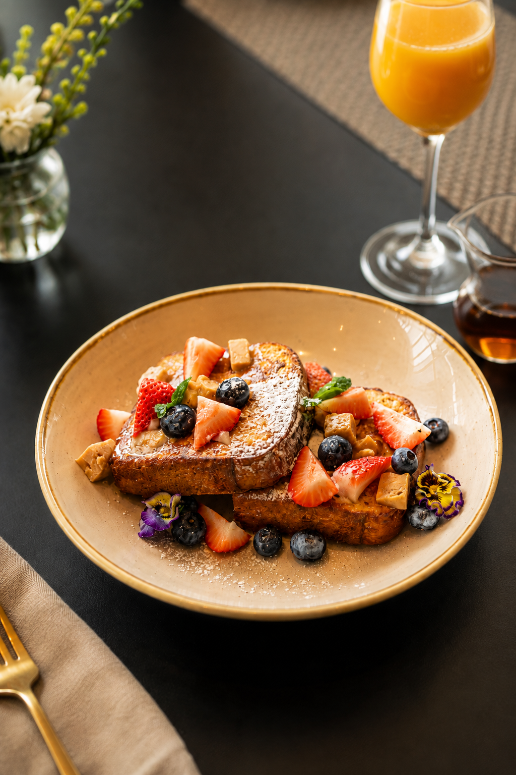 A plate of French toast topped with fresh strawberries, blueberries, and edible flowers, served with syrup and fruit garnish.