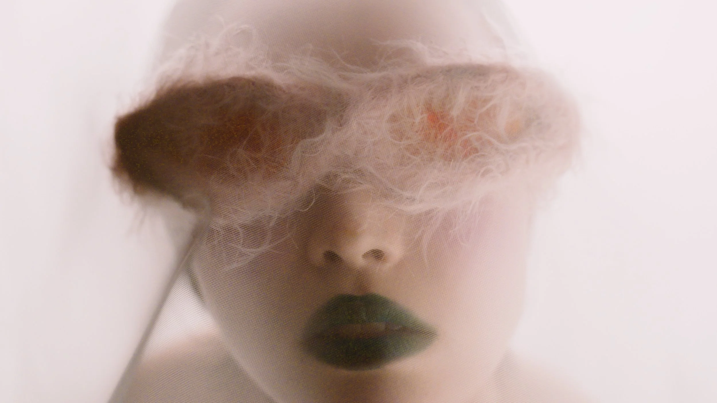 Close-up of a human face behind a sheer fabric, with visible eye, nose, and lips, partially obscured by the fabric.