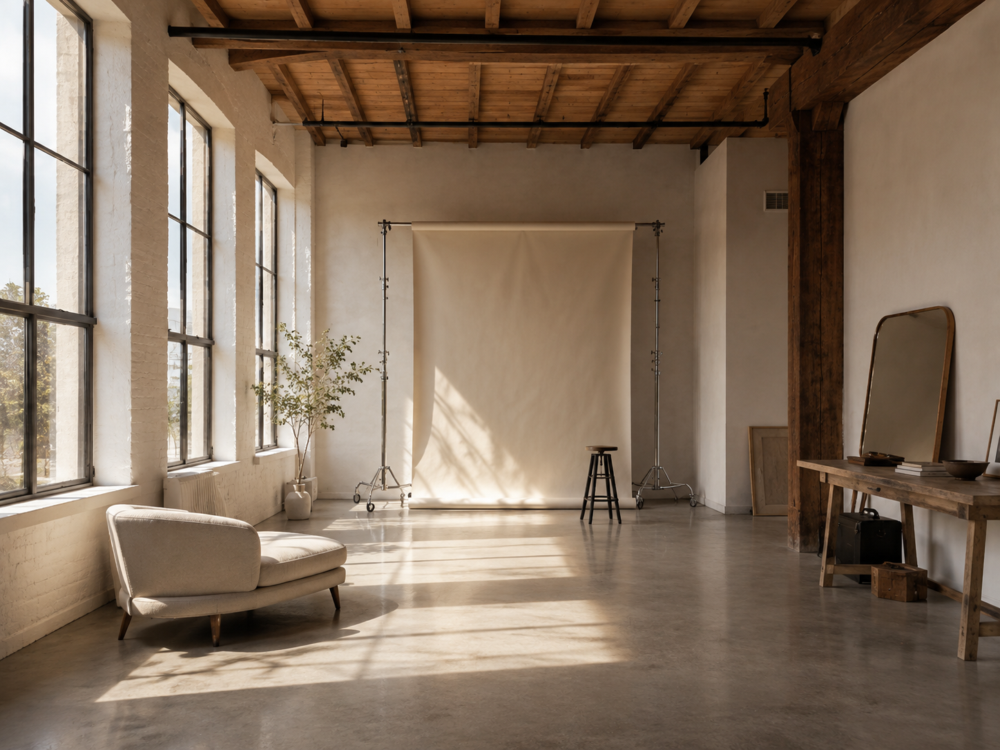 A bright studio with large windows, a cream-colored sofa, a potted plant, a photography backdrop stand, a small stool, a wooden table with a mirror, books, and bowls, and a wooden beam supporting an unfinished ceiling.