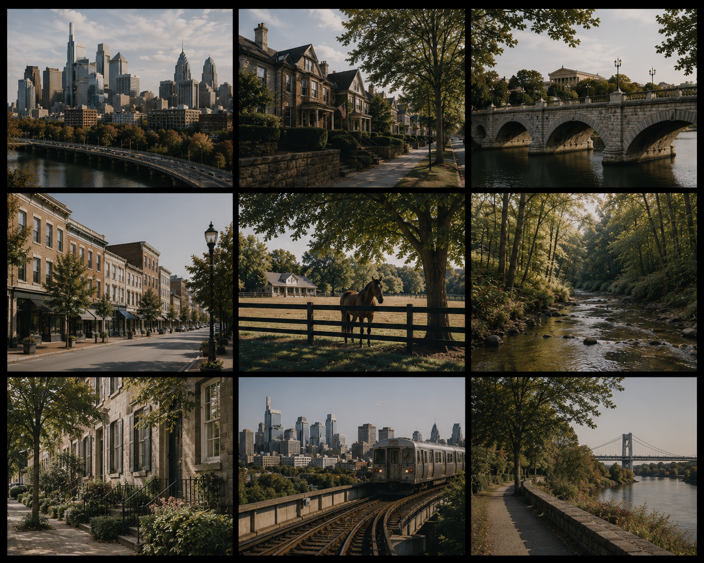 A collage of nine images featuring urban and natural scenes in a city, including skyscrapers, residential streets, historic buildings, a bridge over a river, a horse in a park, a forest stream, a train on tracks, and a riverside path.